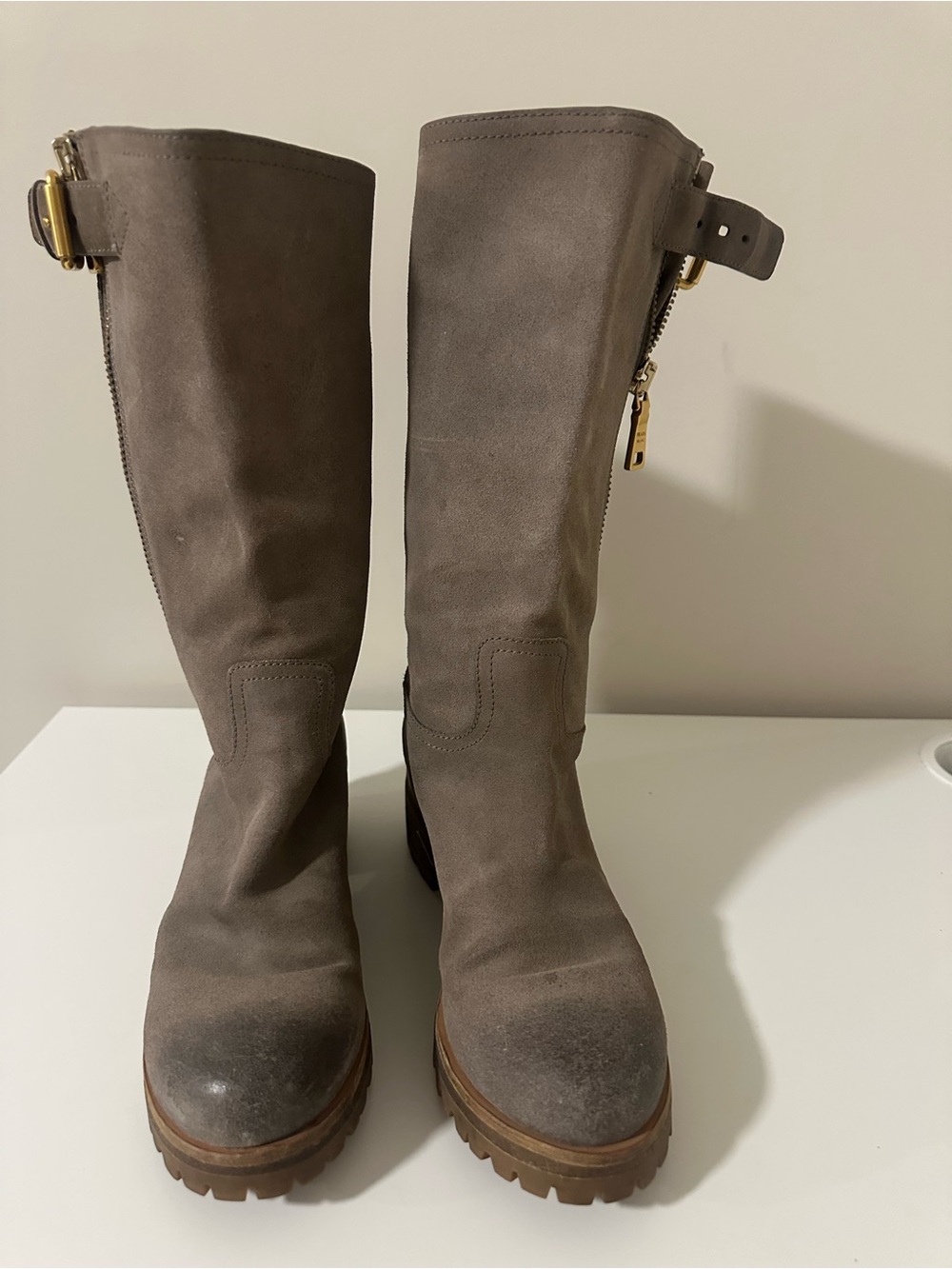 Prada Taupe Suede Over-the-Knee Boots with Gold Hardware - Picture 14 of 15